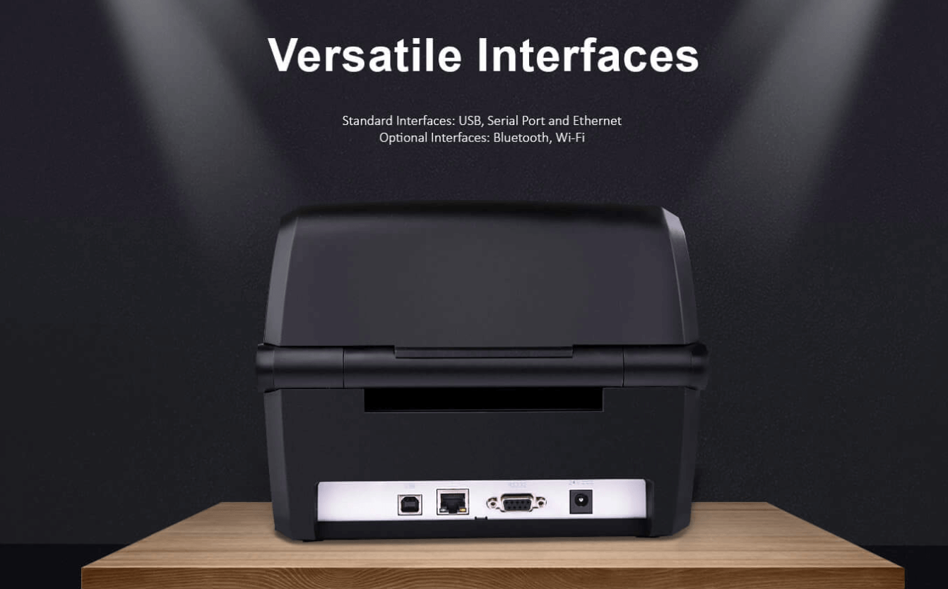 Back view of a เครื่องพิมพ์บาร์โค้ด showing multiple interface ports like USB, Serial, and Ethernet.