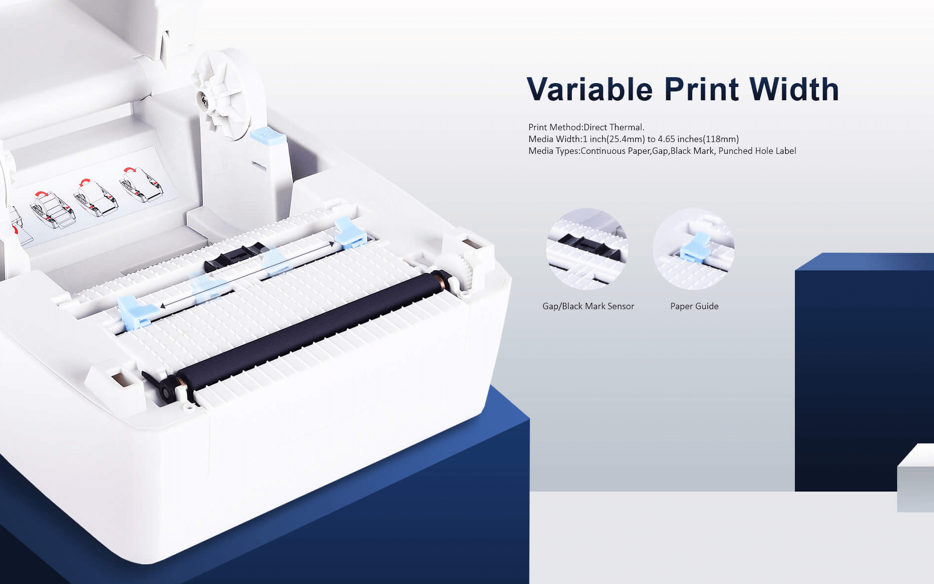 An open เครื่องพิมพ์บาร์โค้ด showing its internal components like the paper guide and sensor.